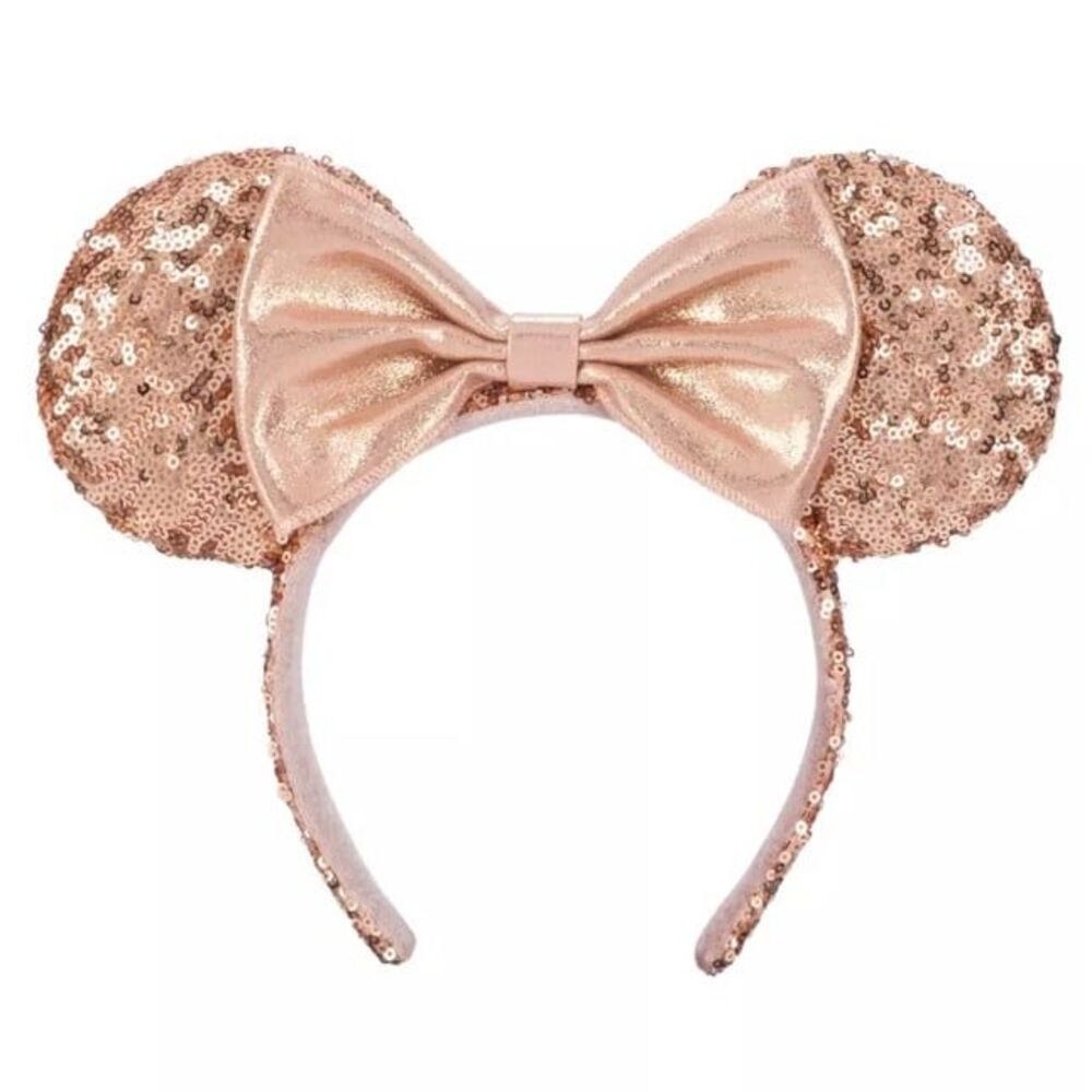NWT Disney Parks Rose Gold Champagne Minnie Mouse Bow Sequins Ear Headband Ears